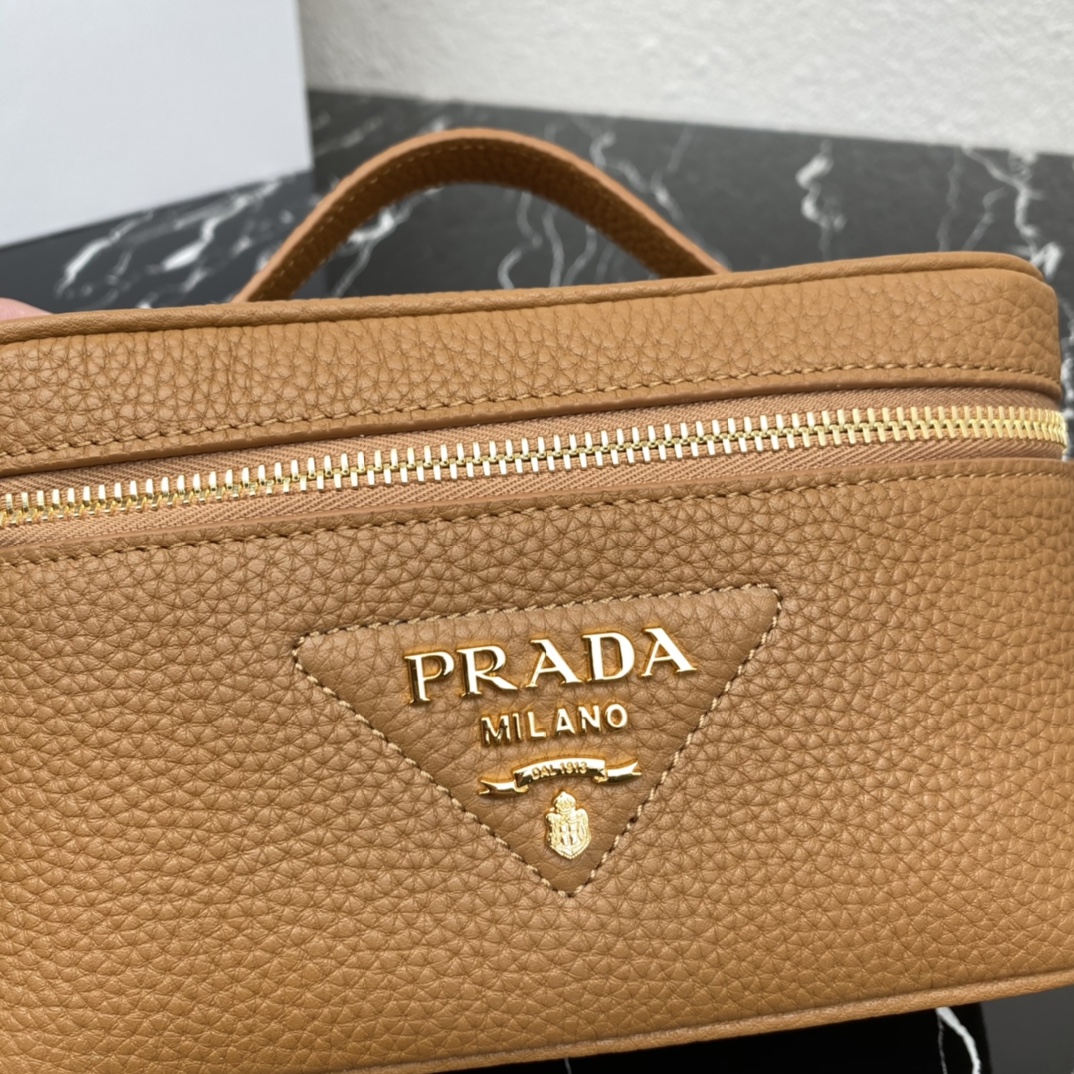 Prada Mini Leather Box Shoulder Bag Handbag Camel Brown 1BH202